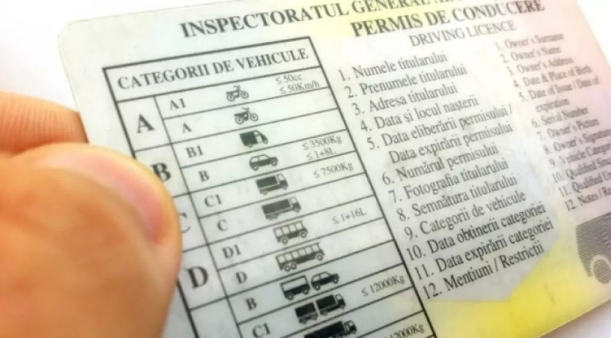 Un permis de conducere românesc ținut între degete, fiind vizibil tabelul cu categoriile de vehicule și legenda câmpurilor de informații de pe spatele documentului.