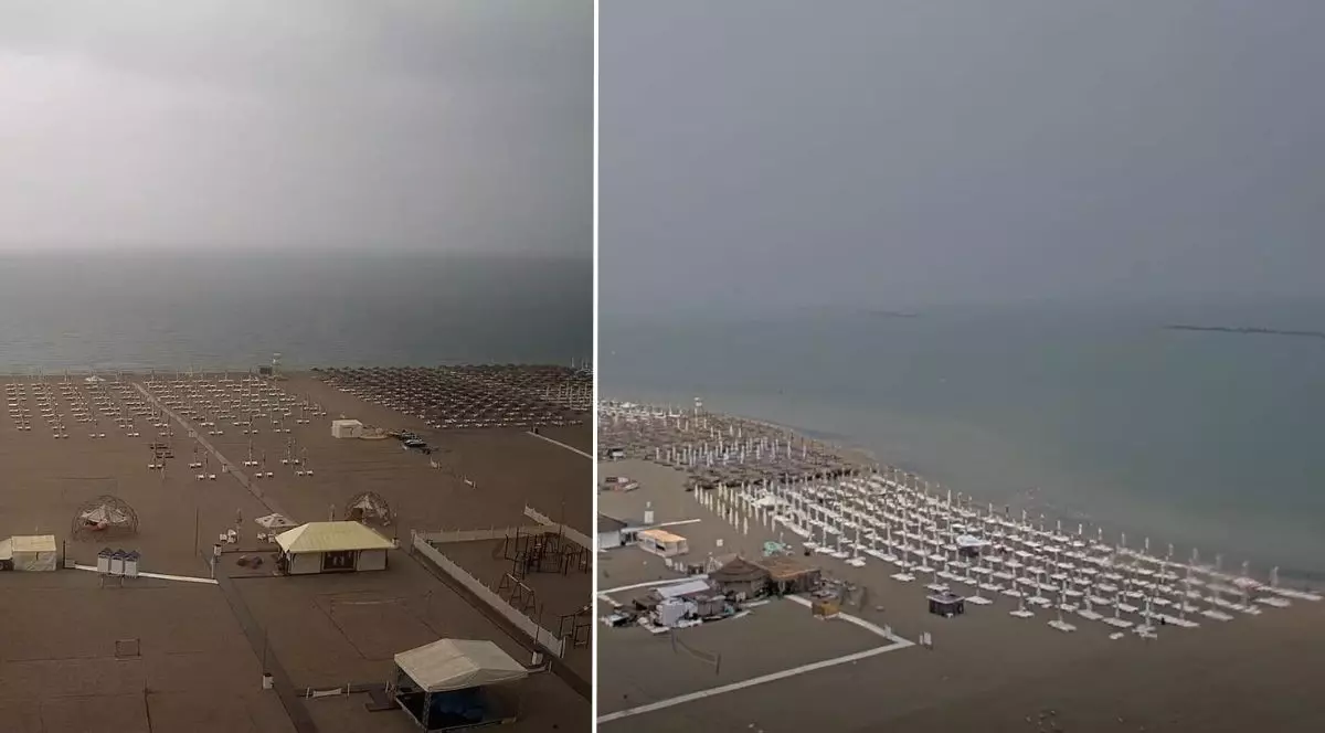 colaj alcătuit din două fotografii realizate de la o înălțime considerabilă, oferind o perspectivă amplă asupra plajei din stațiunea Mamaia, care se întinde până la marginea mării. Pe vasta suprafață de nisip sunt dispuse ordonat nenumărate rânduri de umbrele strânse și șezlonguri goale, indicând o zonă de agrement complet lipsită de vizitatori. Printre amenajări se regăsesc diverse structuri specifice, precum mici chioșcuri, terase, un cort, alei pietonale din lemn așezate direct pe nisip și un post de observație pentru salvamari. Suprafața apei este lină, iar în fotografia din partea dreaptă se pot observa în depărtare, în larg, câteva diguri lungi. Întreaga scenă este dominată de absența totală a oamenilor, întinderea de nisip fiind complet pustie.