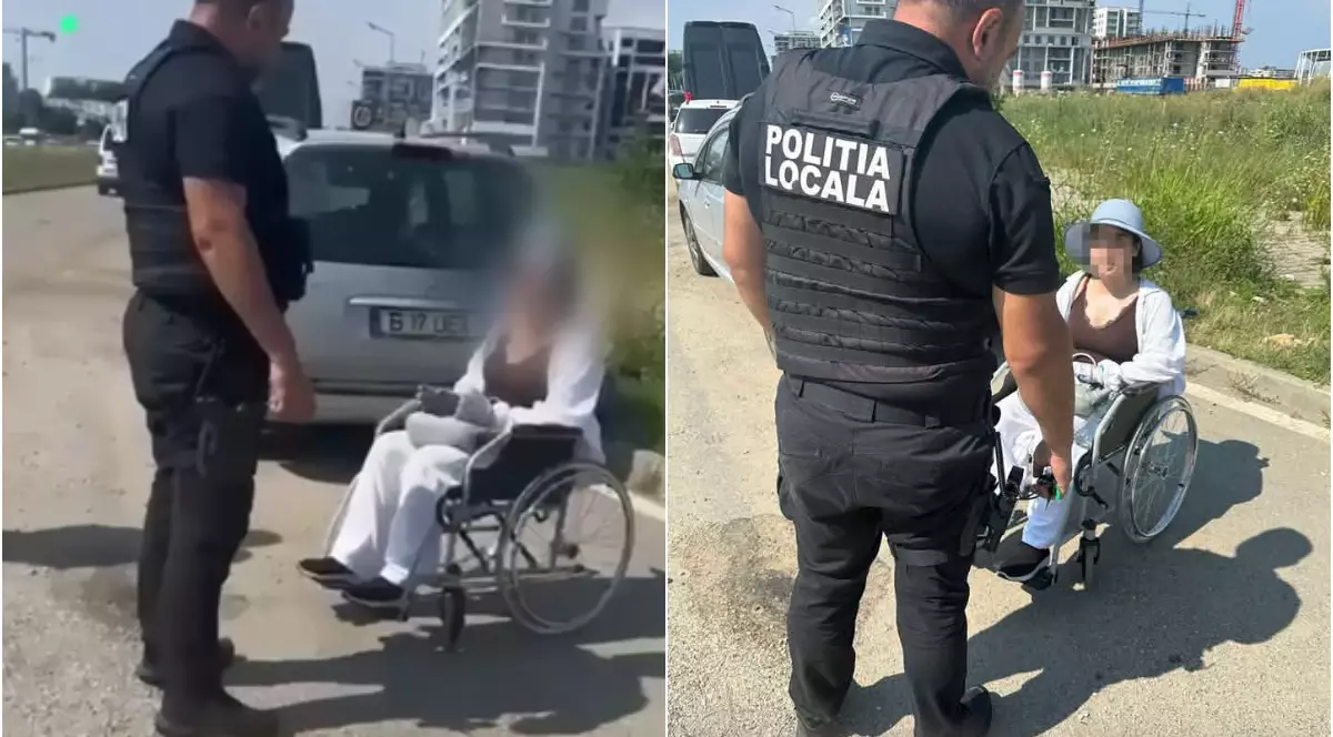 Imaginea surprinde un polițist local care discută cu o tânără aflată într-un scaun cu rotile, pe marginea unei străzi din București. Verificările oamenilor legii au dus la identificarea unei mașini parcate în apropiere, în care se afla mama tinerei, în cadrul unei anchete privind suspiciuni de exploatare prin cerșetorie.