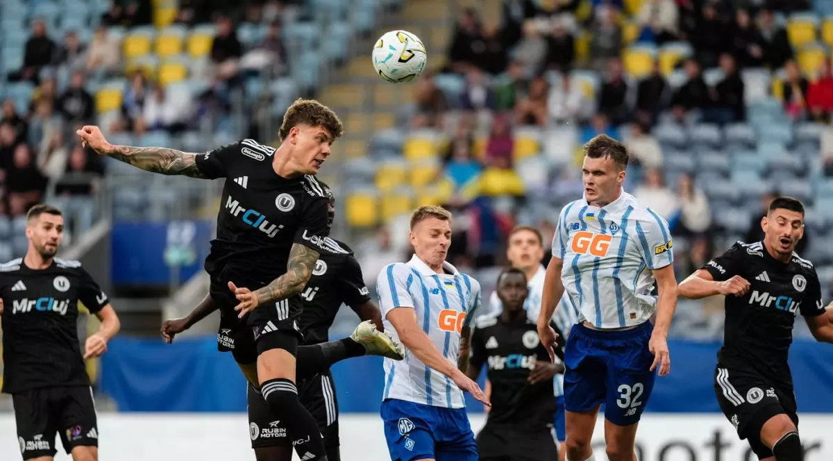 Fază de joc din timpulmeciului Universitatea Cluj - Dinamo Kiev 0-0, dipsutat la Lubin, Polonia, în preliminariile Europa League, 9 iulie 2026