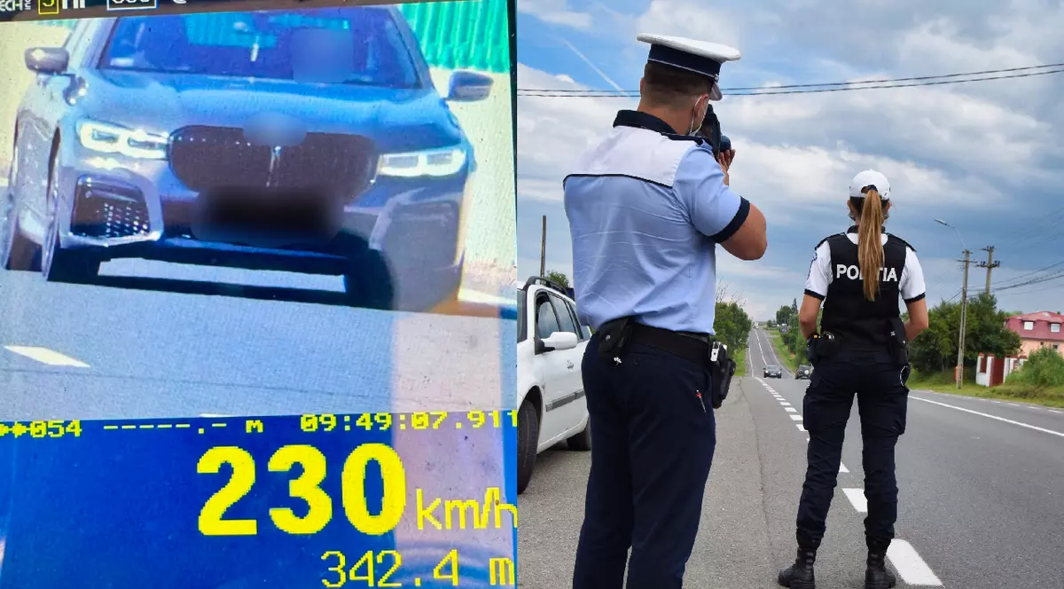 Colaj: BMW prins de radar cu 230km/h pe DEx 16 langa Oradea// 2 polițiști stau cu un radar in mana