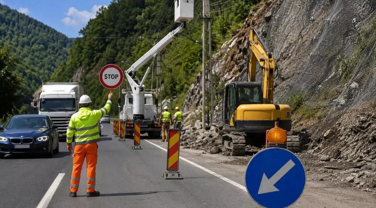 Imaginea prezintă un muncitor care dirijează traficul cu un disc de oprire într-o zonă de lucrări de consolidare a versantului montan.