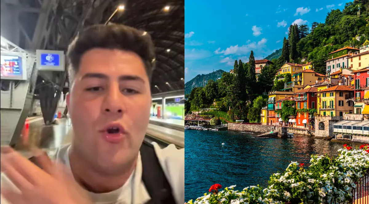 Un colaj format din două fotografii, în prima imagine apare Andu, un tânăr cu tricou alb și părul negru și în a doua imagine apare Lacul Como din Italia