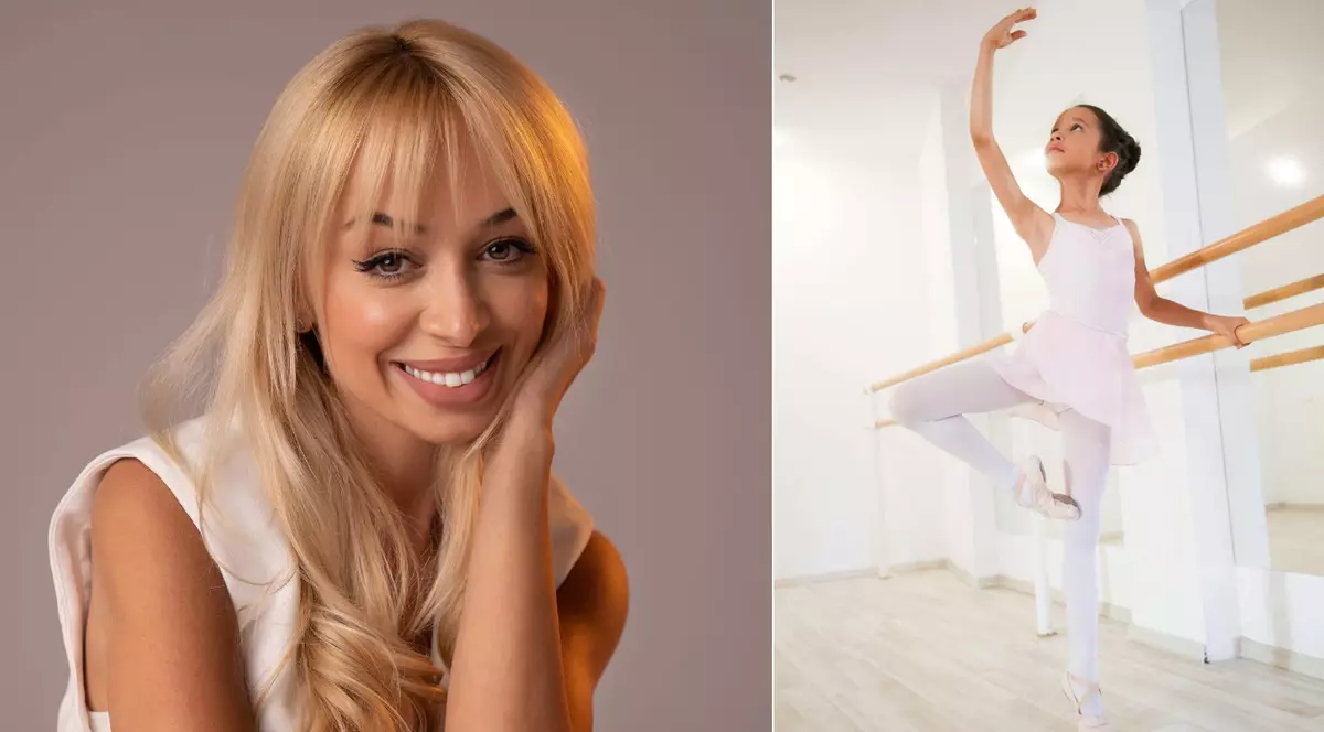 Un colaj cu o tanara blonda in dreapta si o fetita balerina in rochita alba dansand langa o oglinda