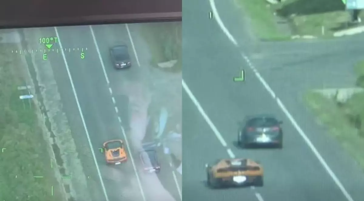 Un colaj cu două fotografii în care se vede cum un Lamborghini portocaliu depășește pe linie continuă mai multe mașini și în curbă
