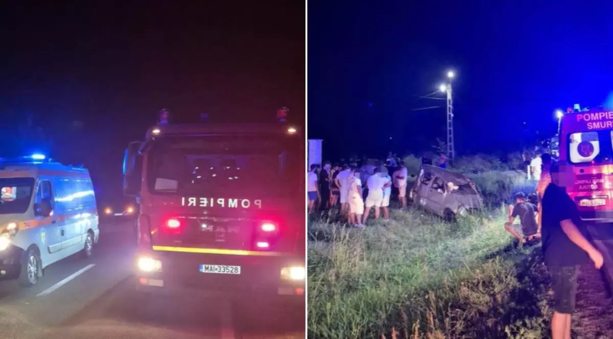 Colaj imagini noapte accident Dâmbovita, ambulante, pompieri, masina in șant