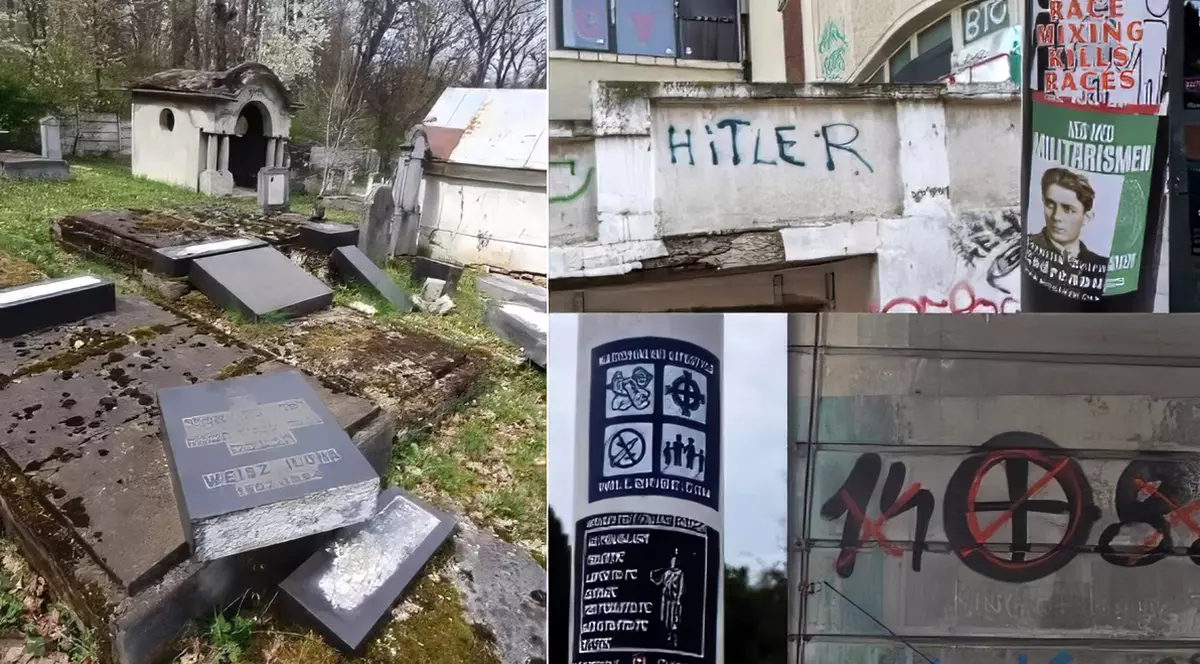 Un colaj cu doua fotogrfii. In stanga un mormant vandalizat, in dreapta afise si poze antisemite
