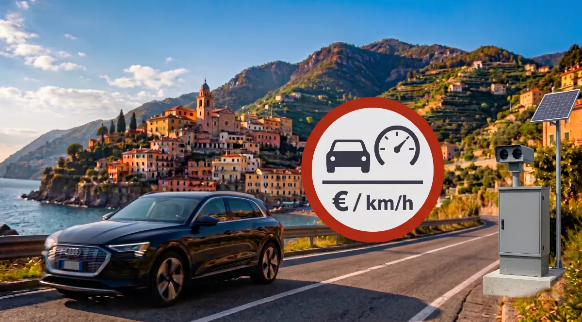 Imaginea prezintă un autoturism Audi care rulează pe o șosea de pe o coastă pitorească din Italia, fiind suprapuse grafic un radar fix cu panou solar și un semn rutier ce simbolizează amenzile pentru depășirea vitezei.