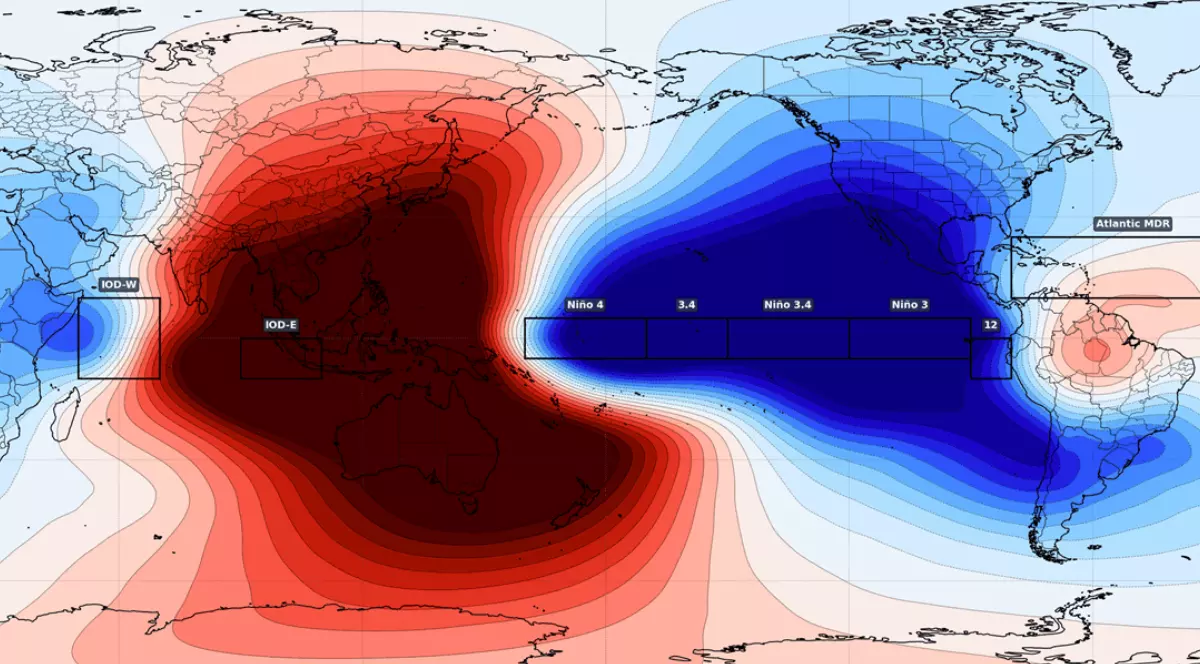 Imaginea prezintă o hartă climatică globală a anomaliilor oceanice, evidențiind prin nuanțe de roșu și albastru variațiile de temperatură și zonele de monitorizare precum Niño și IOD.