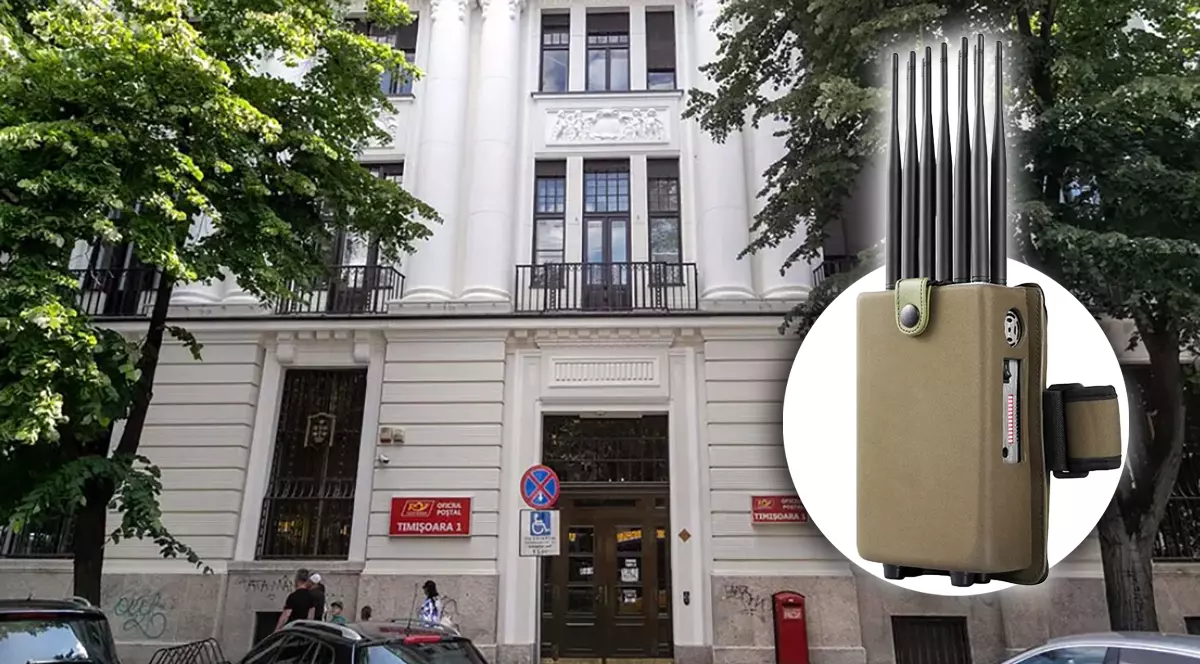 Un colaj cu cladirea unei poste si un aparat de bruiaj