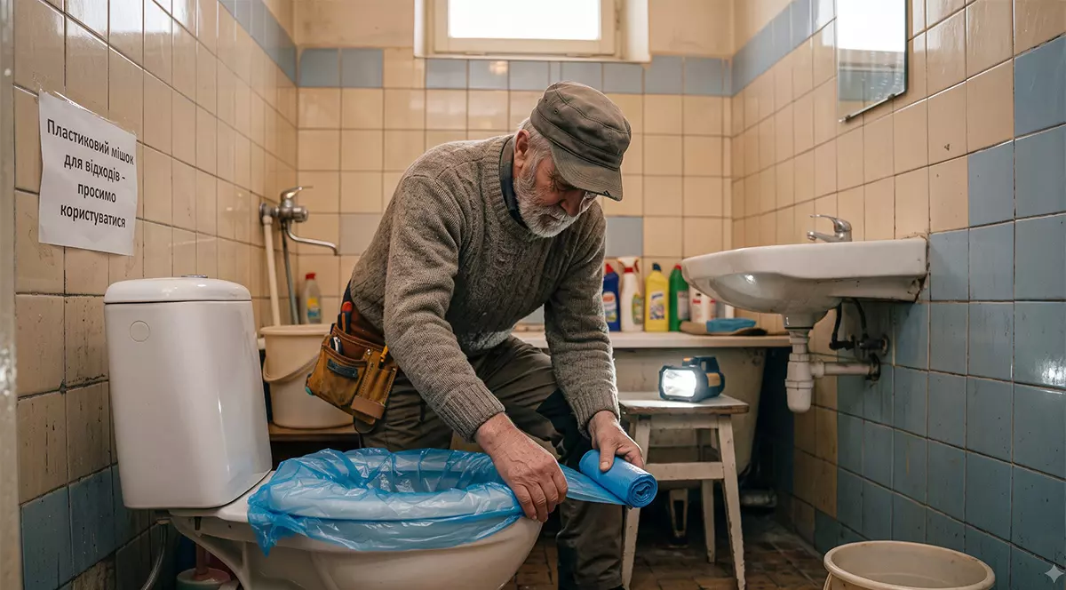 Un bărbat așează o pungă pe o toaletă.