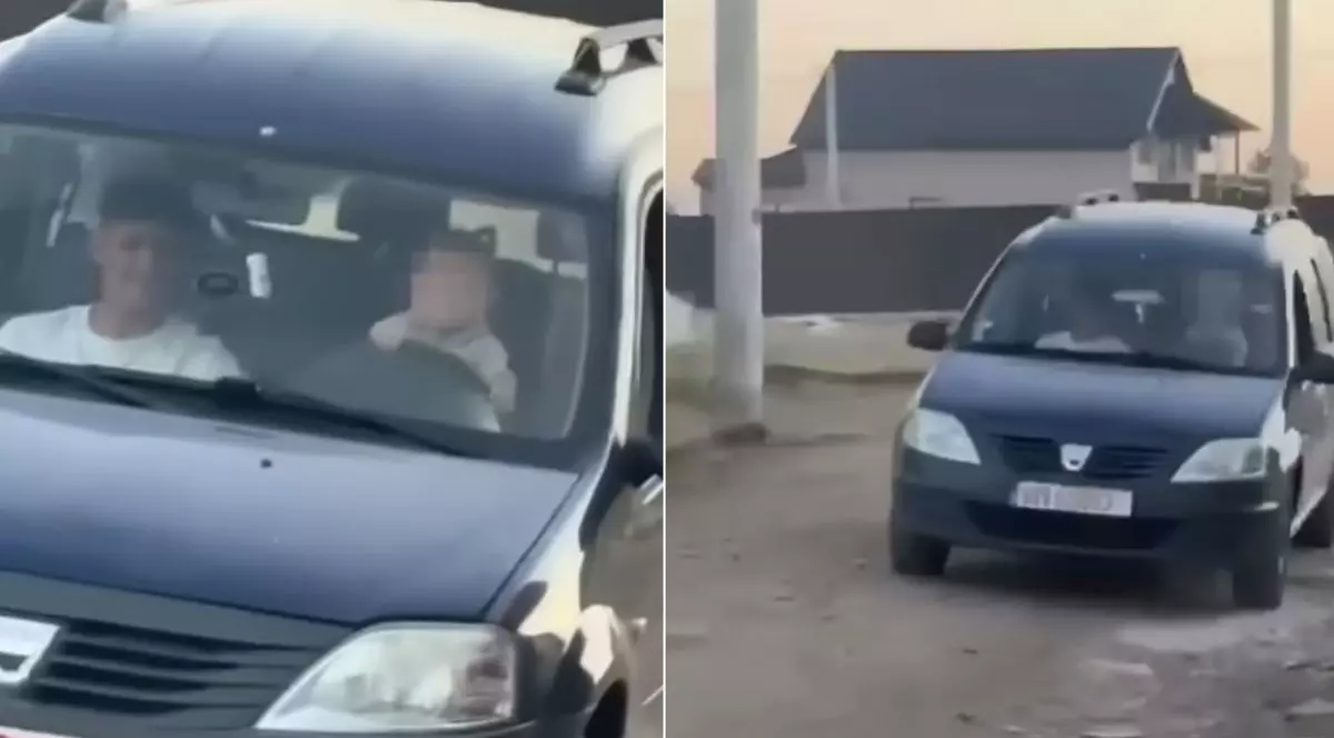 Colaj foto cu două imagini, în stânga mașina Dacia Logan de culoare albastră, cu bebelușul la volan și un tânăr pe scaunul din dreapta, iar în dreapta aceeași mașină fotografiată de la distanță