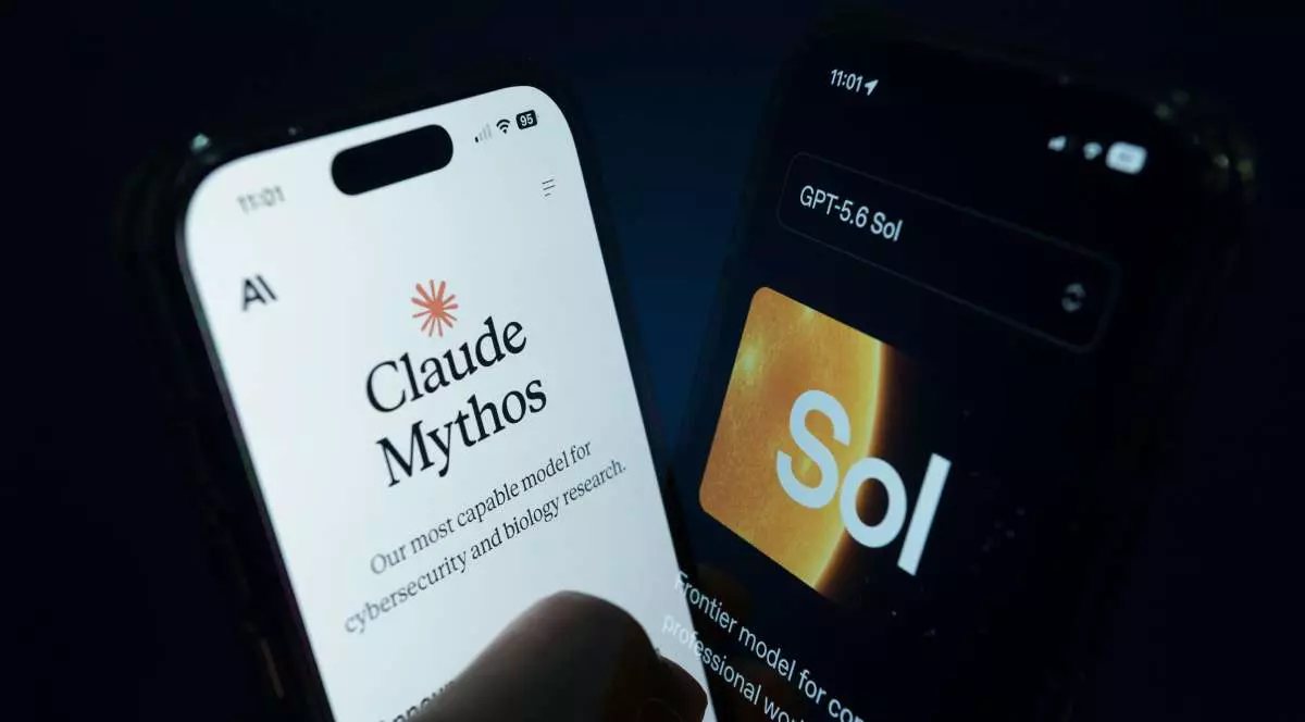 Logourile Claude Mythos și GPT Sol pe ecranele a două smartphone-uri alăturate.