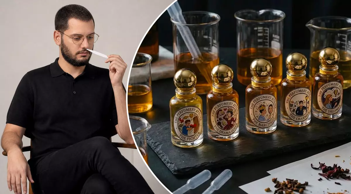 Colaj cu un barbat care incearca un parfum si mai multe sticle de parfum