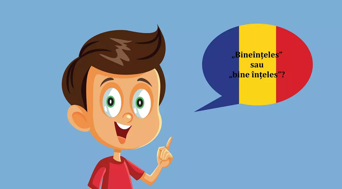Cum se scrie corect: bineînțeles sau bine înțeles - Imagine cu un copil in tricou roşu, alături de o bulă tricoloră, pe care scrie 