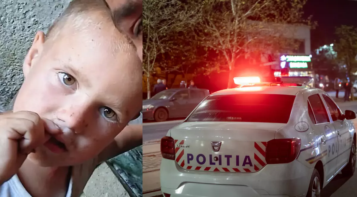 Colaj: un copil de 3 ani, in bratele unui adult// o mașină de politie cu girofarul aprins