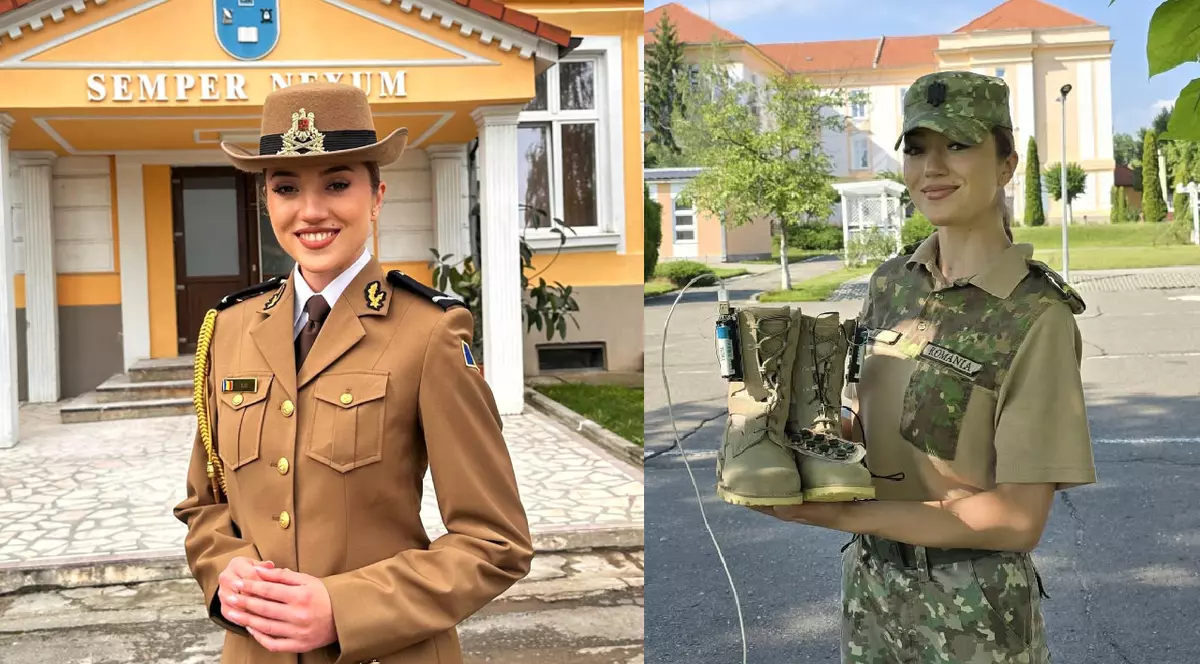 Colaj: O elevă îmbrăcată în uniforma militara, la absolvire// O eleva imbracata in uniforma militara care tine o pereche de bocanci in mana