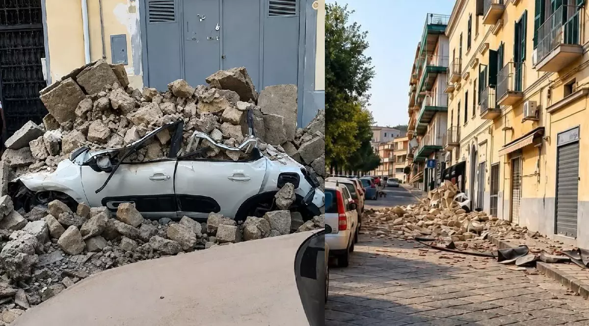 Colaj: O masina alba acoperita de pietre in urma unui cutremur, intr-o localitate de langa Napoli - 1 august 2026