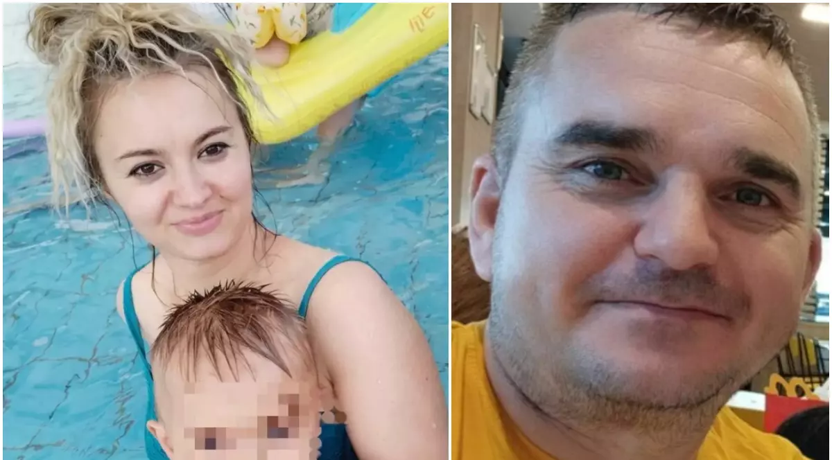 Imaginea prezintă în stânga o femeie blondă alături de un copil într-o piscină, iar în dreapta portretul unui bărbat îmbrăcat într-un tricou galben.