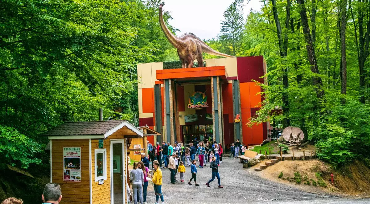 intrarea în parcul tematic Dino Park din Râșnov, situată în mijlocul unei păduri dese, flancată de copaci înalți cu frunziș bogat. Elementul central este o clădire masivă cu o fațadă plană, fragmentată în panouri dreptunghiulare, a cărei intrare principală este încadrată de stâlpi groși de susținere și un logo cu text amplasat deasupra ușilor de acces. Pe acoperișul plat al acestei structuri tronează o statuie de dimensiuni impunătoare a unui dinozaur cu gâtul foarte lung și coada prelungă. În fața clădirii se întinde o zonă de acces lată, puternic animată de un grup numeros de vizitatori, format din adulți și copii care se deplasează sau stau de vorbă. În prim-planul din partea stângă este amplasată o mică gheretă din lemn cu acoperiș în două ape, prevăzută cu o fereastră și afișe, în fața căreia staționează câteva persoane. În partea dreaptă a imaginii, pe un mic dâmb de pământ mărginit de un gărduleț din lemn și trepte rustice, se distinge o altă statuie, reprezentând un craniu masiv de triceratops ieșind din decorul natural.
