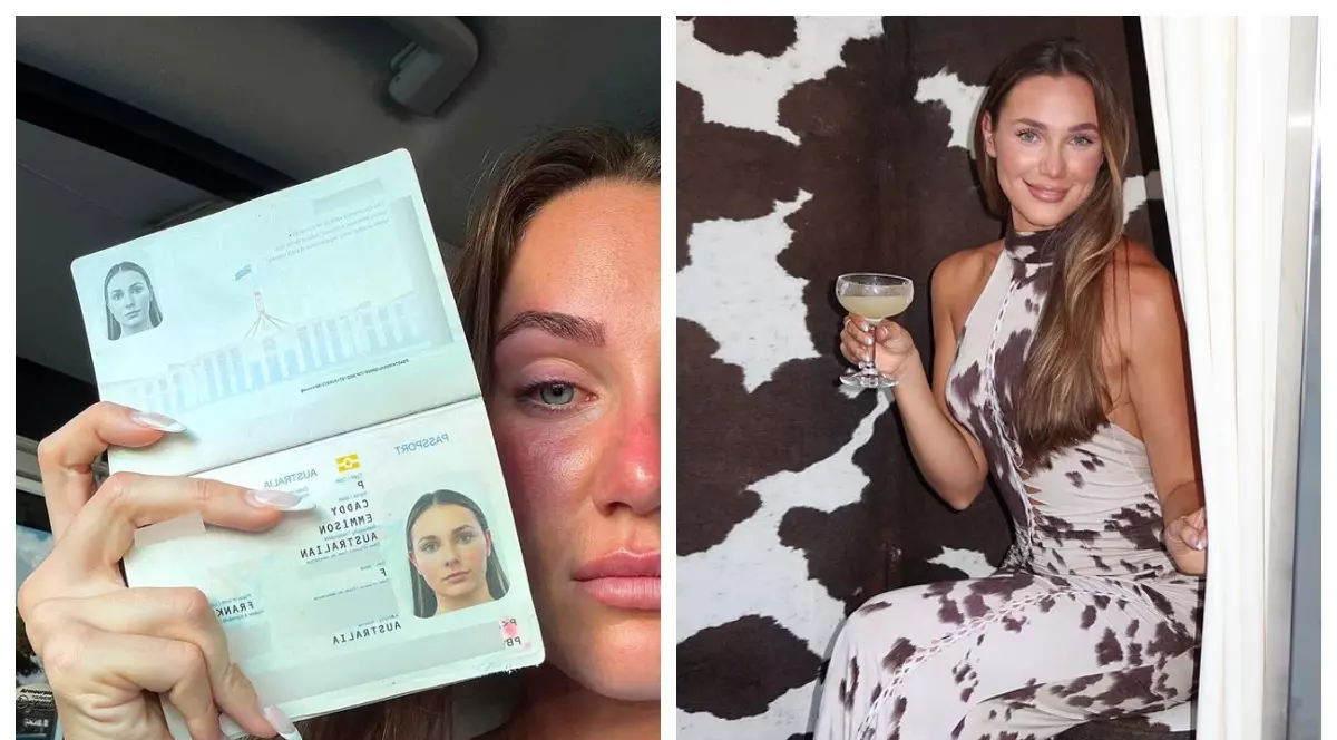 Un colaj realizat din două fotografii: cea din stânga cu Emmison plângând ținănd pașaportul în mână, cea din dreapta Emmison zâmbește cu un pahar de băutură în mână.