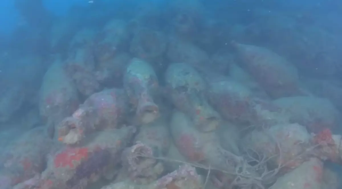 Imaginea surprinde, sub apă, un vas antic scufundat, acoperit parțial de sedimente și depuneri marine. Printre rămășițele epavei se disting numeroase amfore, păstrate în mare parte în poziția lor originală.