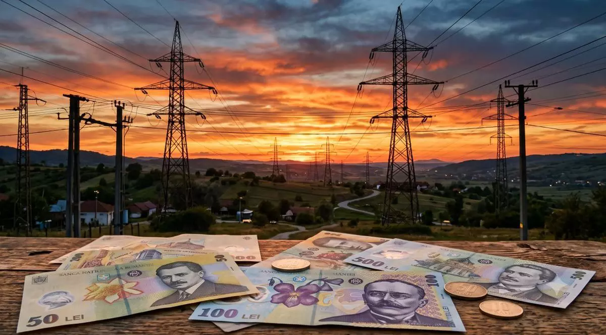 Rețele electrice la apus de soare, iar jos sunt bani românești