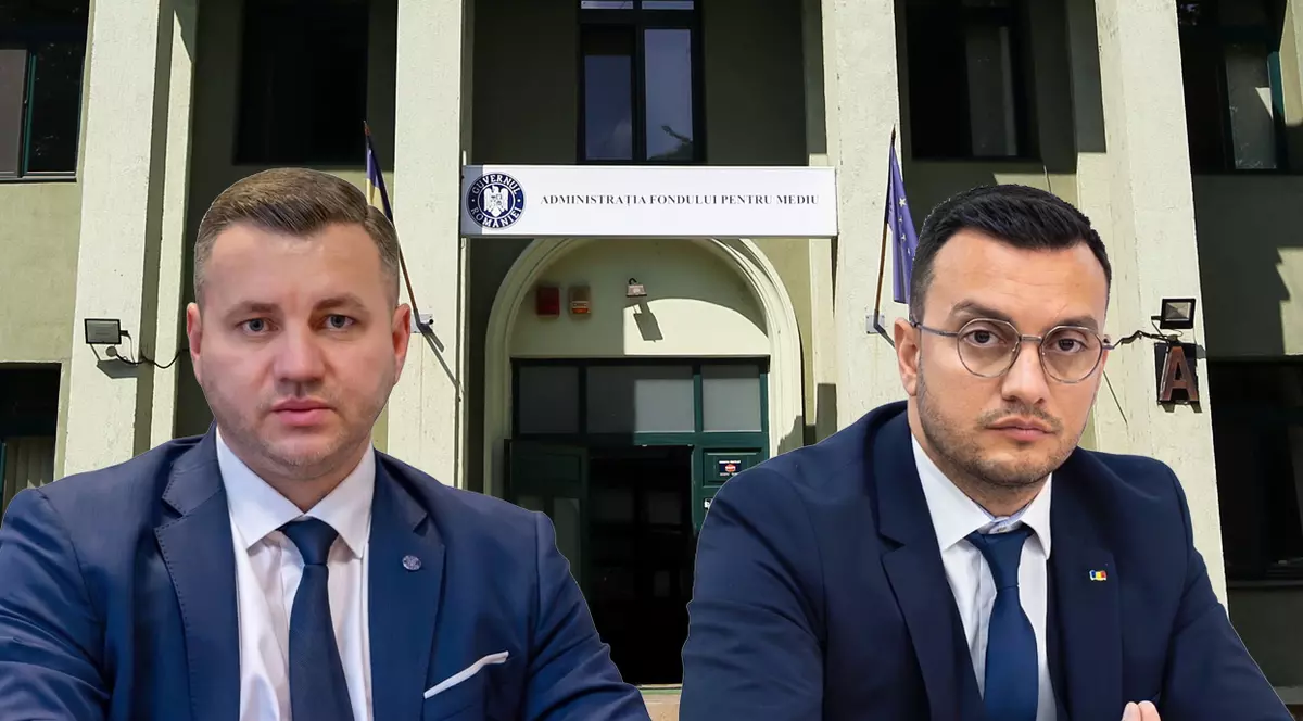 Colaj cu doi barbati in costum in fata unei cladiri