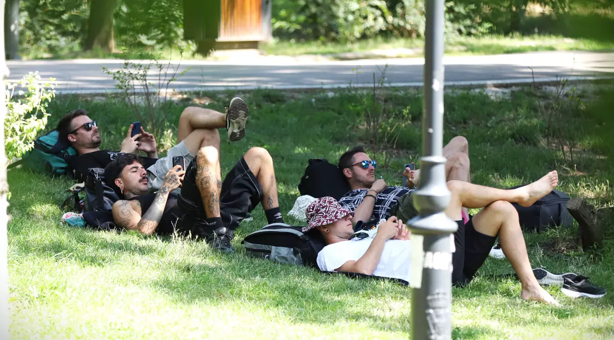 Cativa tineri stau culcatu in iarba intr-un parc