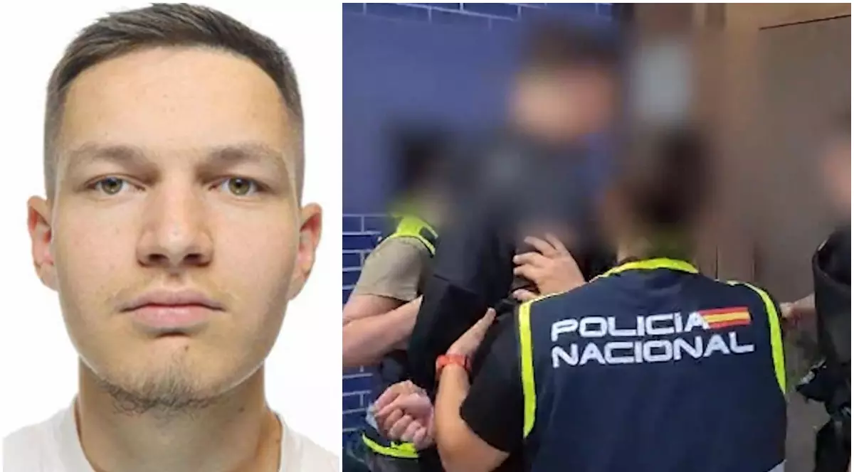 Imaginea prezintă în stânga fotografia de profil a unui bărbat tânăr, iar în dreapta momentul reținerii acestuia de către polițiști spanioli de la Policía Nacional.