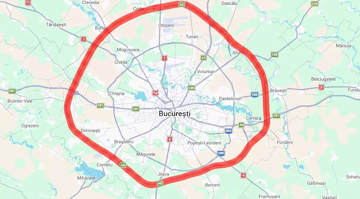 Hartă din Google Maps cu zona orașului București și autostrada A0 Centura București colorată cu roșu
