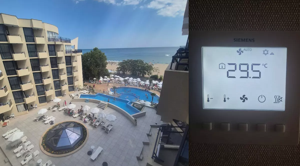 Un hotel din Bulgaria, cu piscina// un termometru care arată temperatura de 29,5 grade, într-o camera de hotel