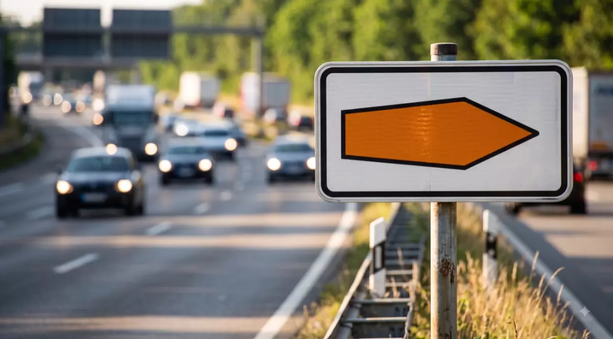 Imaginea prezintă un indicator rutier cu o săgeată portocalie amplasat pe marginea unei autostrăzi aglomerate cu vehicule în mișcare.