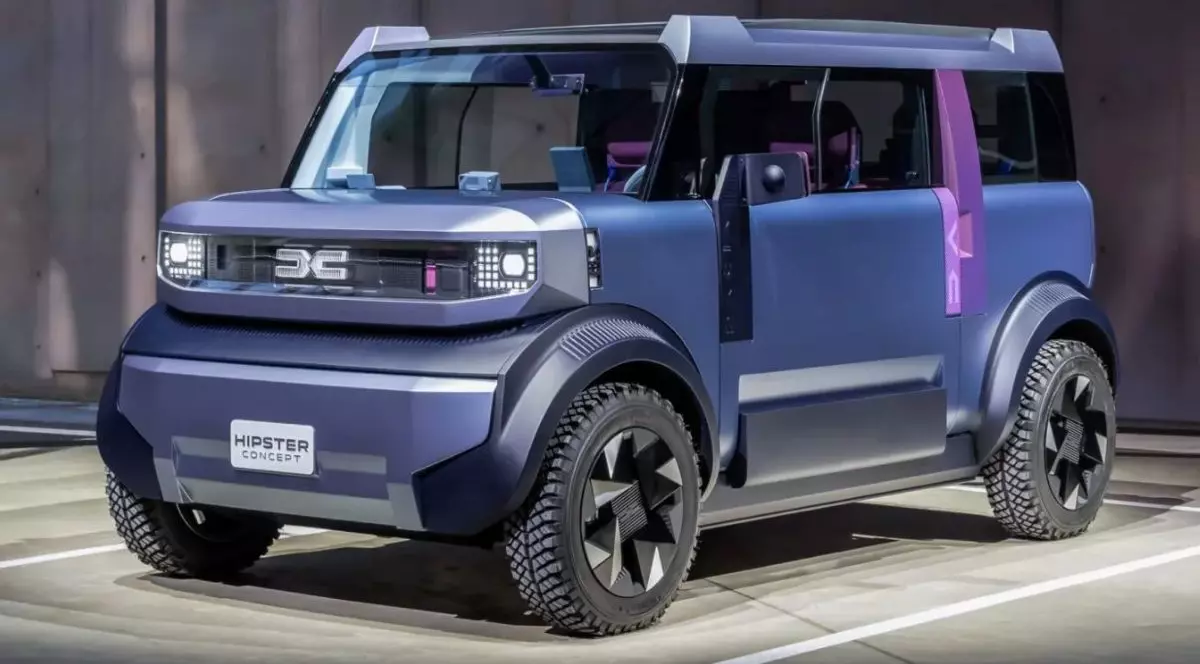 Masina electrica cubica moderna futurista Dacia Hipster. Vopsea mov si sta intr-un loc de parcare