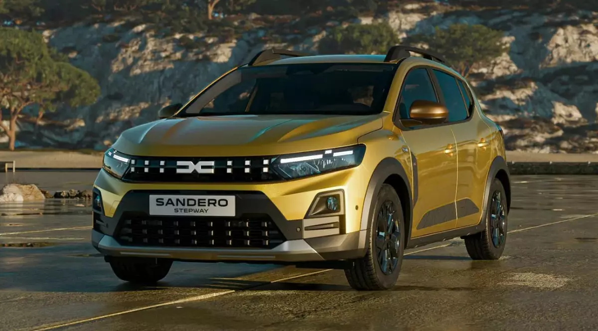 Automobilul din imagine este un Dacia Sandero Stepway, vopsit într-o nuanță metalizată de auriu, cu un design modern și elemente specifice unui crossover urban. Mașina este fotografiată într-un decor natural, având în fundal stânci și vegetație, ceea ce îi pune în valoare aspectul robust și garda la sol mai înaltă.