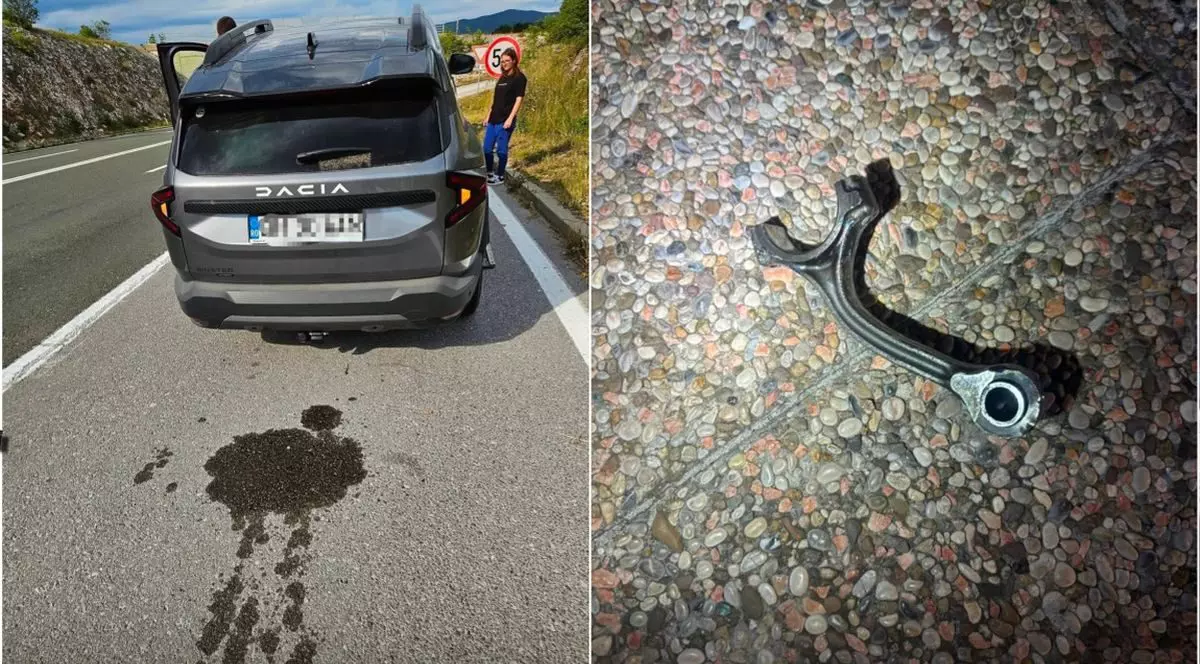 În stânga, o mașină Dacia Bigster care a lăsat în urmă pe șosea o pată de ulei, iar în dreapta este o piesă căzută din ea, după ce i s-a spart motorul, în Croația, 1 august 2026