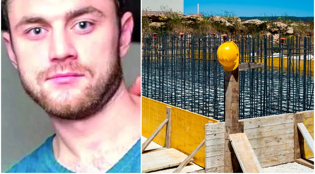 Imaginea prezintă în stânga portretul unui tânăr bărbat cu barbă, iar în dreapta un șantier de construcții cu armătură din fier și o cască protecție galbenă așezată pe un stâlp de lemn.