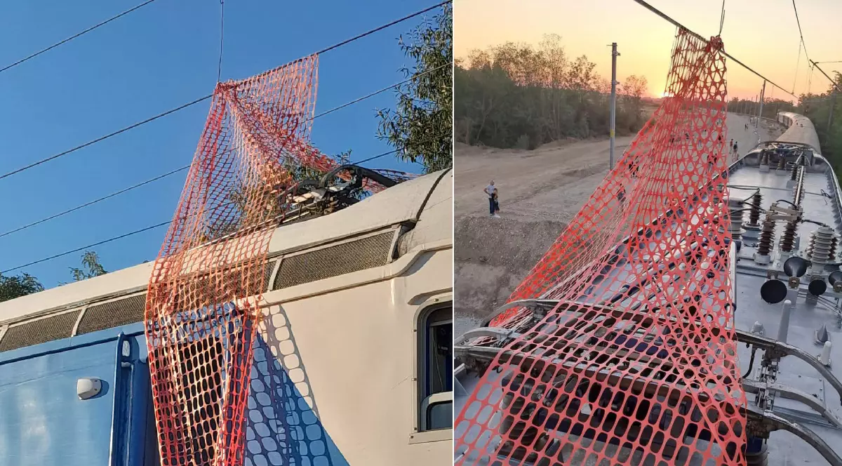 O panglică utilizată în zona unor lucrări a fost agățată de firul de contact al liniei ferate
