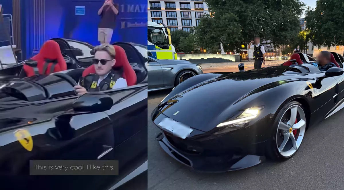Un politist tanar, cu ochelari de soare, conduce un ferrari monza SP2 negru // Un Ferrari Monza SP2 negru