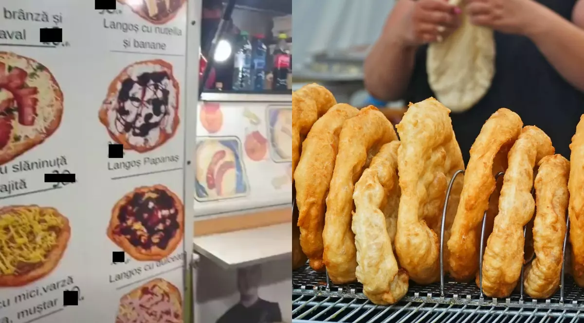Un colaj format din două fotografii, în prima imagine apare o listă de prețuri pentru langoș pizza, iar în imaginea din dreapta este o femeie care face langoș