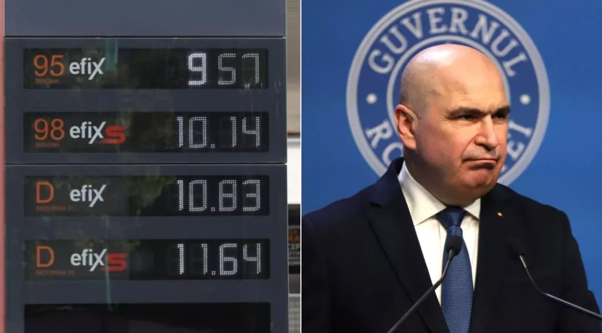 Colaj din două fotografii cu prețurile la benzină și motorină din data de 4 august 2026, în stânga, și Ilie Bolojan, în dreapta, îmbrăcat cu costum albastru, cămașă albă și cravată albastră, pe fundal albastru, într-o ședință la Guvernul României