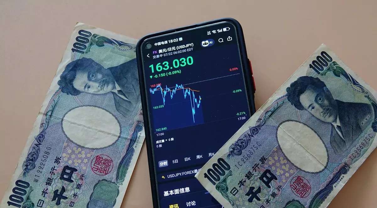 Yen, japonia, doua bacnite cu un telefon intre pe ecranul caruia se vede un curs de schimb