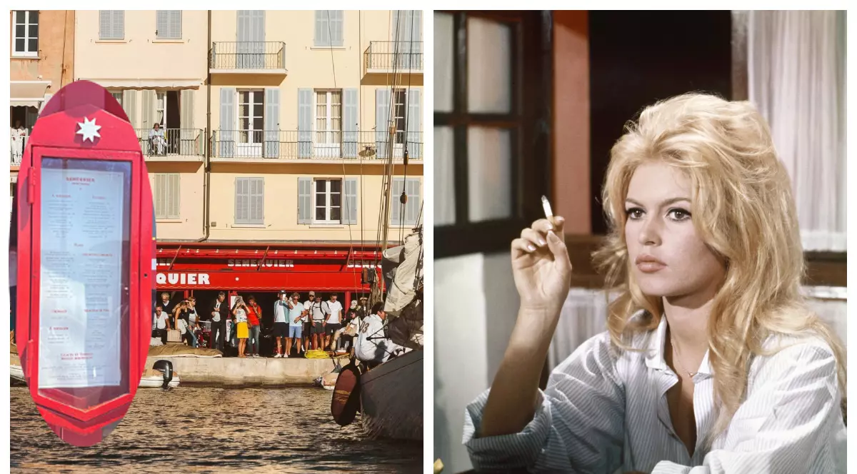 Brigitte Bardot, dreapta, localul Senequier și panoul cu lista de prețuri