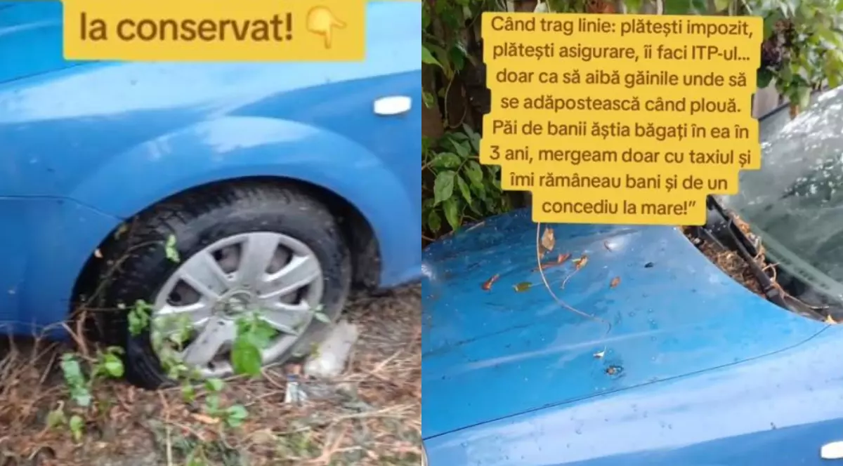 Un colaj cu o mașină albastră care a stat timp de trei ani într-o curte