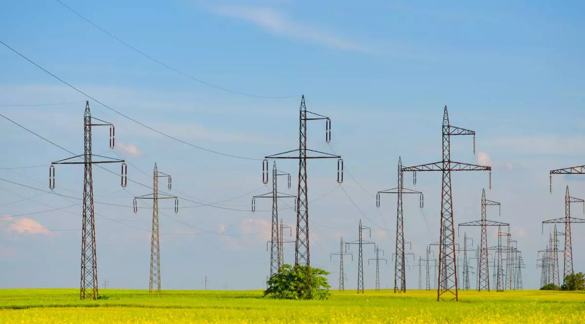 Rețele electrice, stalpi energie, camp de rapiță