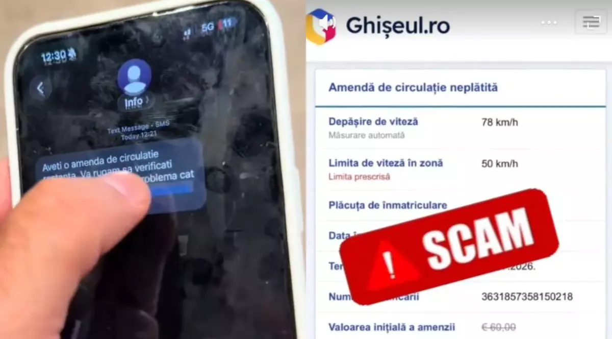 Un colaj format din două fotografii, în prima imagine este o persoană care a primit un mesaj de scam și in a doua imagine este o captură de pe un site fals care arată precum Ghiseul