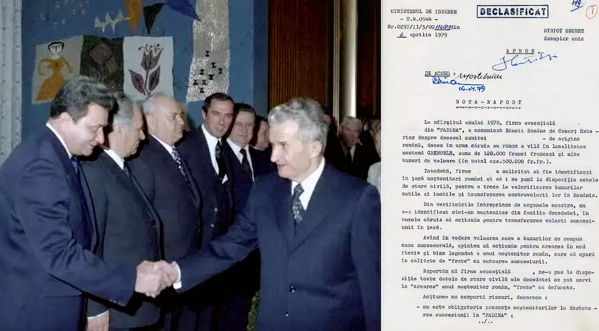 Un colaj cu Tudor Postelnicu dand mana cu Nicolae Ceausescu si un document vechi