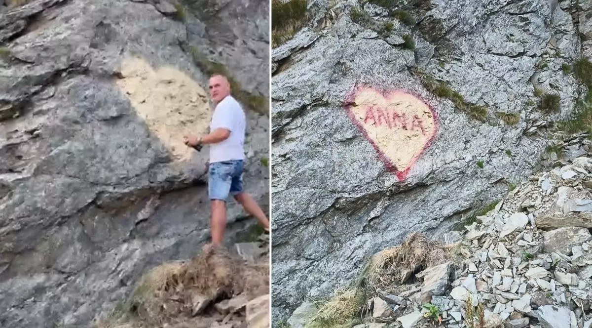 colaj foto format din două imagini: imaginea din stanga arata un turist intr-un tricou alb și pantaloni albaștri scurți de blugi, desenând cu spray pe o stâncă o inimă, și imaginea din dreapta arata inima de pe stancă, cu textul „ANNA” scris cu spray roșu în centru