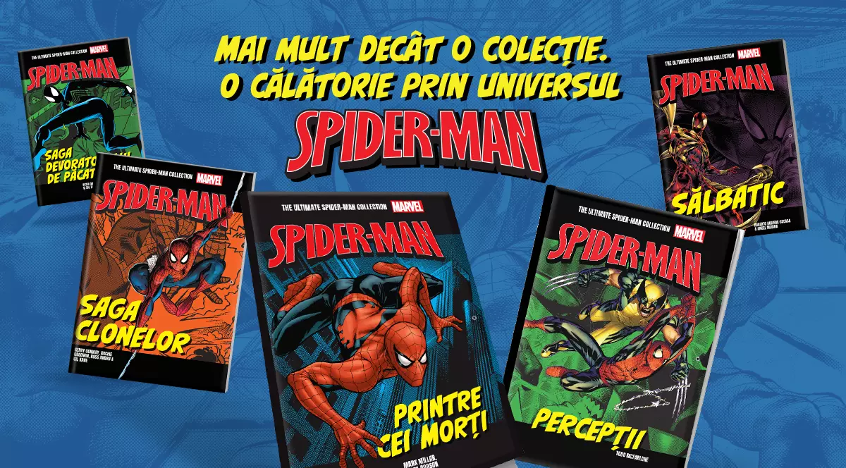 Banner cu colecția Ultimate Spider Man, pe fundal albastru, cu cartonașe colorate