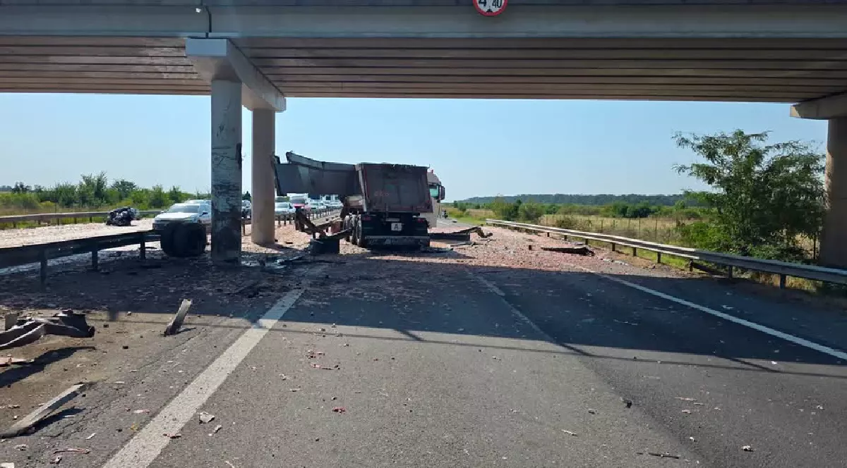Un TIR încărcat cu pui a lovit un pod de pe A1 București-Pitești, iar marfa s-a împrăștiat pe carosabil